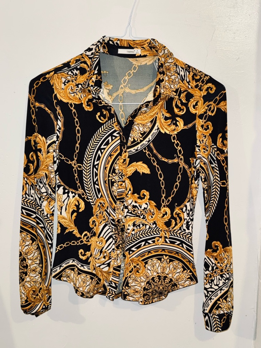 Timing Black Top with Gold Baroque Chain Print